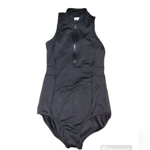 Front Zipped Black High Neck One Piece Swimsuit With Criss Cross Back Size XS